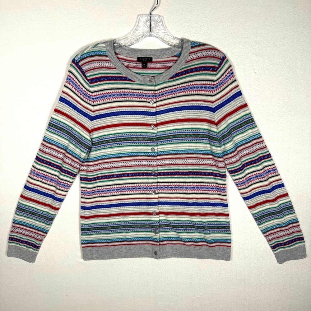 Talbots striped cardigan‎ wool sweater medium petite fair isle Christmas primary